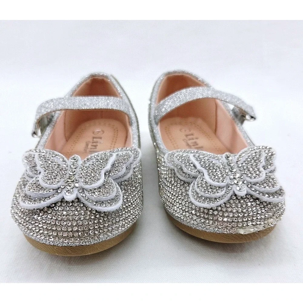 Link Sabina Kids Silver Rhinestone Butterfly Mary Jane Flats - Size 7